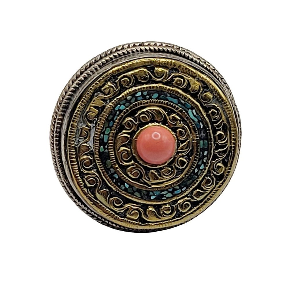 Vintage Tibetian Huge Disc w/ Turquoise & Coral Ring (A413)